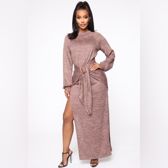 Fashion Nova Dresses & Skirts - NWT Showy & Cozy Sweater Long Sleeve Tie Waist Maxi Dress Tan/Brown Size Small